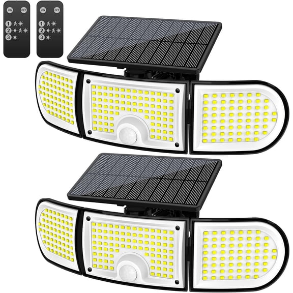 Solar Motion Sensor Lights Outdoor, 3000LM 218 LED 3 Heads Security Flood Light with Remote Control, IP65 Waterproof 270 Wide Angle Solar Wall Lights 3 Modes for Garage,Yard,Patio,2 Pack