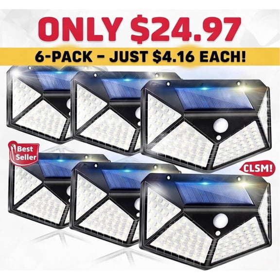 Solar Motion Sensor Lights Outdoor 100 LED Wall Mount, 6 Pack