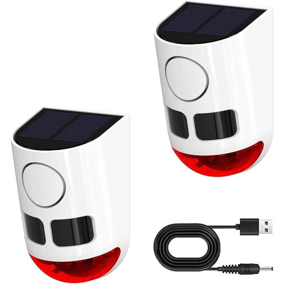 Solar Motion Sensor with Strobe Light, 130dB Outdoor System, 13 Sounds with Remote Control, Solar , PIR Motion Detector for Farm Yard Garden .2PCS