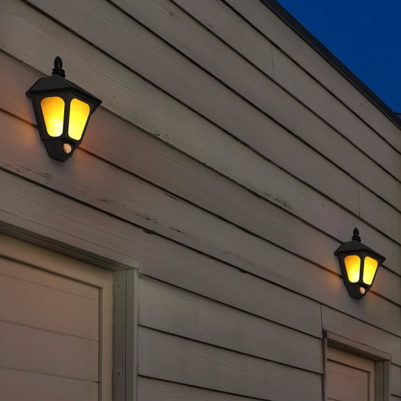 Solar Motion Sensor Wall Lights 2Pack, 2 Modes (Dancing Flame & White Light) Outdoor Lanterns, Weatherproof for Porch, Garage, Patio