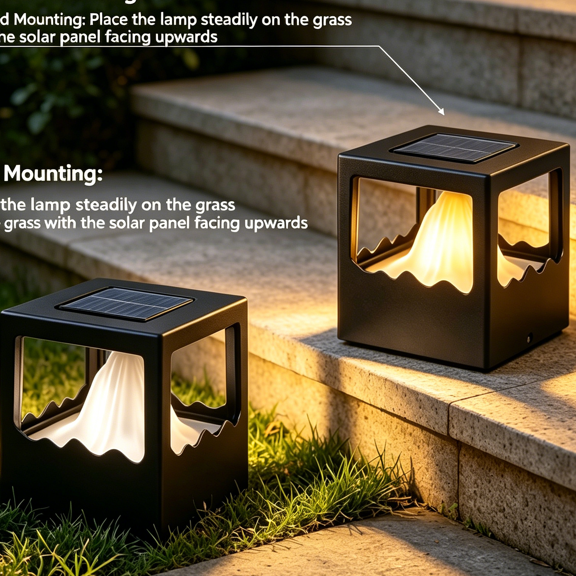 Solar Mountain Flame Cube Lights, 12 SMD LED Flickering Flame Effect Solar Outdoor Landscape Lamp, Waterproof Plastic Solar Step Light for Yard Path Patio Lawn Decor