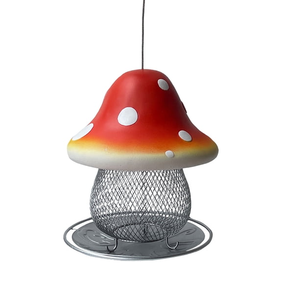 Solar Mushroom Bird Feeder for Outdoor Garden, Squirrel-Proof Hanging Wild Bird Feeder with LED Light, Decorative Automatic Feeder for Backyard,White