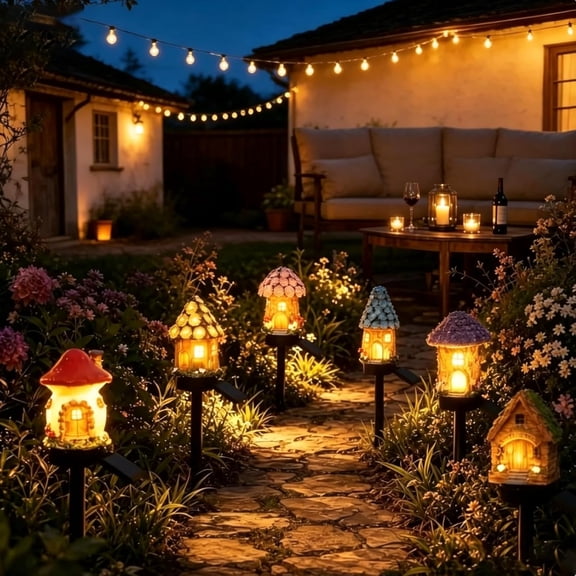 Solar Mushroom Cottage Garden Light, Waterproof LED Fairy House Statue Lamp, Outdoor Landscape Decor for Pathway Yard Patio Lawn (6 PCS, Multicolor)