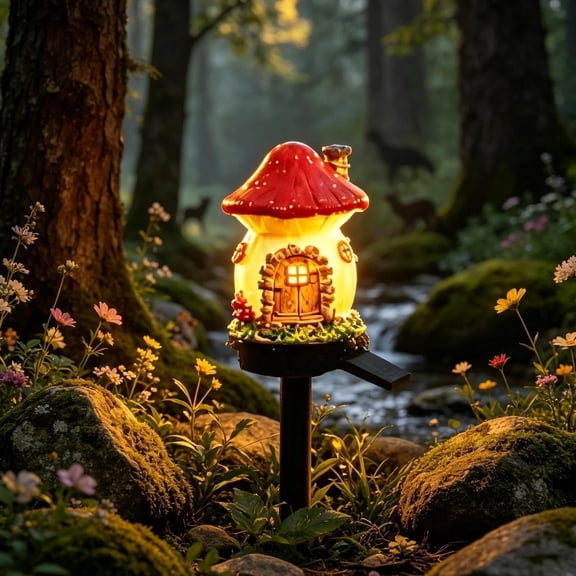 Solar Mushroom Cottage Garden Lights Outdoor, Fairy Tale Mushroom House LED Solar Powered Garden Light Waterproof Landscape Statue Lamp for Yard Patio Lawn Pathway Decoration