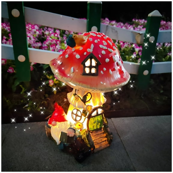 Solar Mushroom Fairy House Statue with Gnome, Large Resin Figurines Outdoor Garden Decor for Patio Yard Lawn Balcony