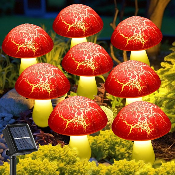 Solar Mushroom Lights Garden Decor 8 Red Crack Mushrooms Outdoor Decor Stake Lights, Waterproof Solar Pathway Light Gardening Gifts for Landscape Easter Gnomes Yard Halloween Christmas Decorations
