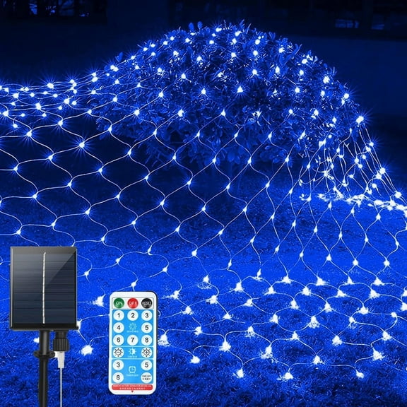 Solar Net Mesh String Lights, 4.9ft x 4.9ft 96 LED Outdoor Waterproof LED Decorative Lights with Remote for Party Christmas Holiday Garden Patio, Blue