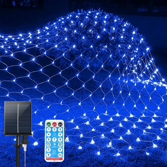 Solar Net Mesh String Lights, 4.9ft x 4.9ft 96 LED Outdoor Waterproof LED Lights with Remote for Party Christmas Holiday Garden Decor, Blue