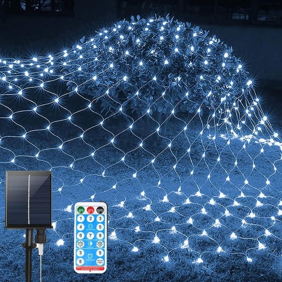 Solar Net Mesh String Lights, 9.8ft x 6.6ft 192 LED Outdoor Waterproof LED Decorative Lights with Remote for Party Christmas Holiday Garden Patio, Cool White