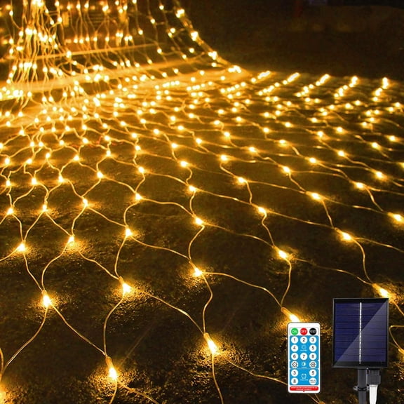 Solar Net String Lights Outdoor, Waterproof LED Mesh Fairy Curtain Lights 8Mode Remote Timer for Outdoor Christmas Garden Yard Party Wedding Holiday Wall Decor