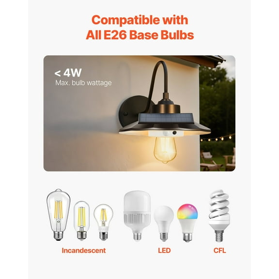 Solar Outdoor Barn Light, 3 Lighting Modes & Motion Sensor, 1-Pack Black Gooseneck Wall Sconce, E26 Bulb Compatible, Waterproof for Porch, Garage, Entryway, Farmhouse Exterior