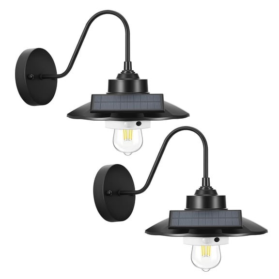 Solar Outdoor Barn Light 2-Pack with Motion Sensor and 3 Lighting Modes, Gooseneck Wall Sconce with E27 Bulb Compatibility, Waterproof Farmhouse Porch and Entryway Lighting, Black Finish