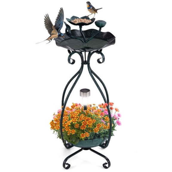 Solar Outdoor Bird Bath Feeder with Flower Planter Pedestal, Metal Bird Bath with Solar LED Light, Decorative Garden Bird Feeding Station, Rust-Resistant Outdoor Birdbath for Patio, Yard & Backyard