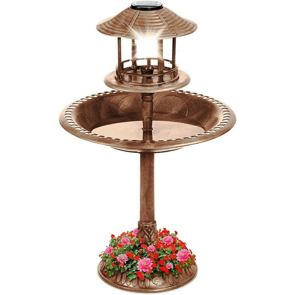Solar Outdoor Bird Bath Vintage Resin Pedestal Fountain Decoration for Yard, Garden w/Planter Base, Feeder, Decorative Bird Cage, Fillable Stand - Bronze