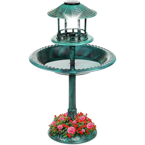 Solar Outdoor Bird Bath Vintage Resin Pedestal Fountain Decoration for Yard, Garden w/Planter Base, Feeder, Decorative Bird Cage, Fillable Stand - Green