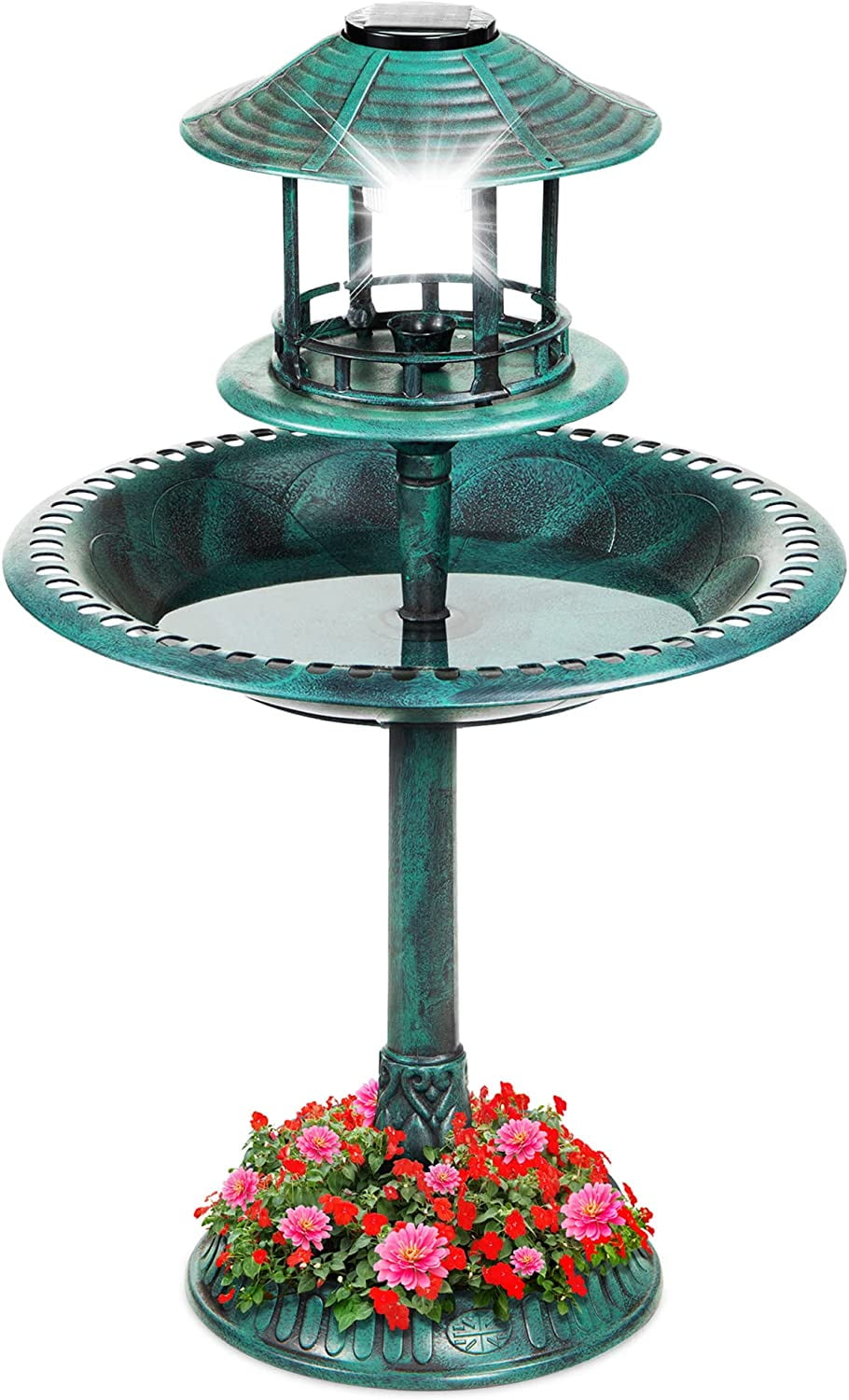 Solar Outdoor Bird Bath Vintage Resin Pedestal Fountain Decoration for Yard, Garden w/Planter Base, Feeder, Decorative Bird Cage, Fillable Stand - Green