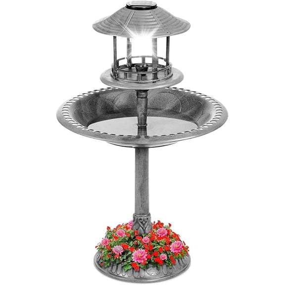 Solar Outdoor Bird Bath Vintage Resin Pedestal Fountain Decoration for Yard, Garden w/Planter Base, Feeder, Decorative Bird Cage, Fillable Stand - Stone