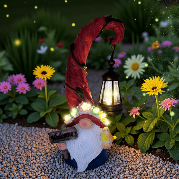 Solar Outdoor Figurine Lights Gnome Garden Decor Statue with LED Succulent & Lantern Yard Decorations for Outside Patio Yard Lawn Front Porch