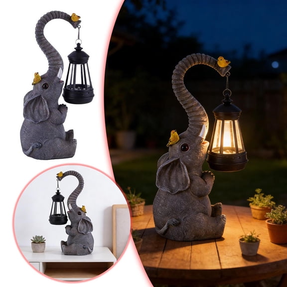 Solar Outdoor Garden Decor Elephant Statues Lights, Elephant Unique Birthday Gifts For Mom,Housewarming Gifts And Yard Decoration,Cute Birds Garden Sculpture Decor,12.12 Inch Solar Elephant Lamp,Grey