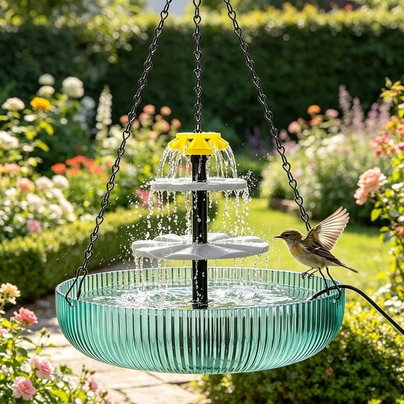 Solar Outdoor Garden Floating Hanging Bird Feeder, Eco Solar Powered Water Fountain Pump, 2-in-1 Birdbath Wobbler, Decorative Pond and Yard Water Feature