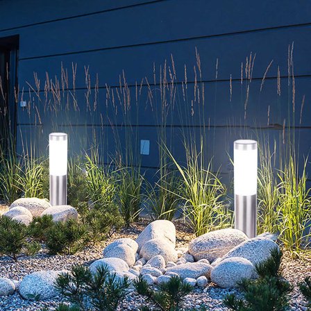 Solar Outdoor Garden Light | Stainless Steel 3 LED Modern Cylindrical Pathway Lamp | IP65 Waterproof, Automatic White Light, Solar Powered, 2 Pack, 14.7x2.36in for Yard, Courtyard, Balcony