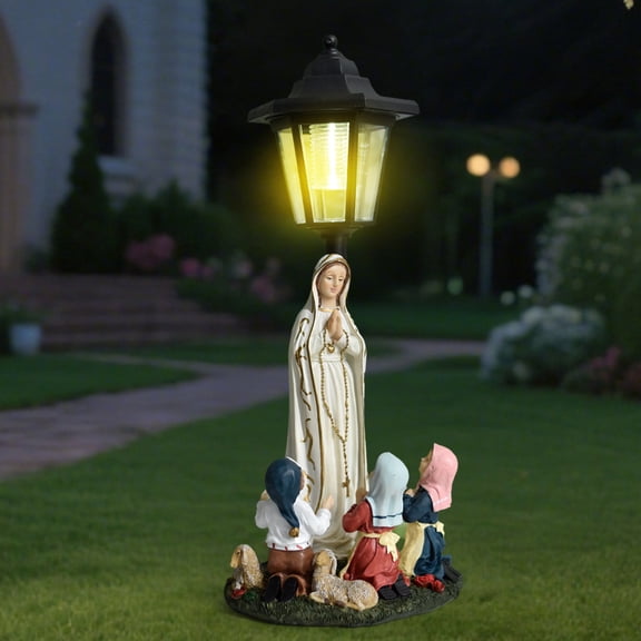 Solar Outdoor Our Lady of Fatima Statue Prayer Statue Lamp - Virgin Mary & Children Resin Sculpture with LED Lantern for Garden Yard Patio Religious Decor