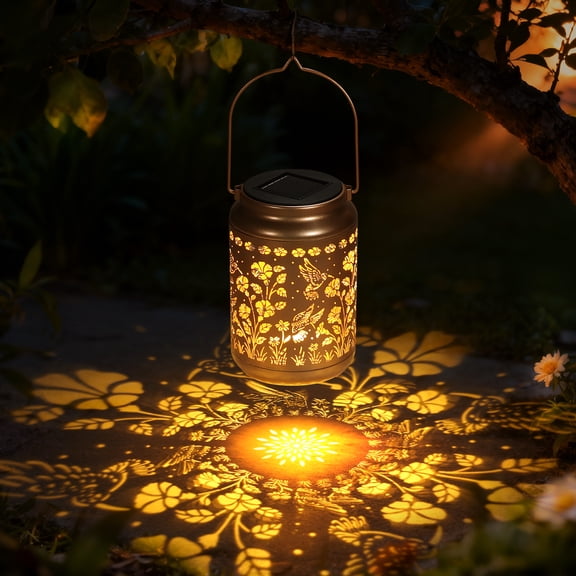 Solar Outdoor Lantern, Gold-Copper Hollow Metal Lantern with Graceful Hummingbird Patterns, Solar-Powered Waterproof for Yard Balcony Decoration