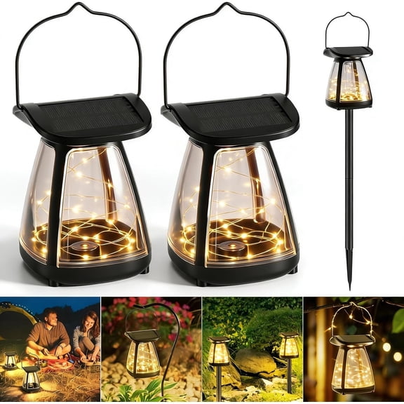 Solar Outdoor Lantern Lights, 2 Pack Monocrystalline Solar Ground Spike Lights with Warm Fairy String Lights, IP44 Waterproof Hanging Decorative Solar Lights for Garden, Patio, Lawn, Porch, Camping