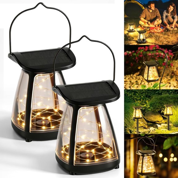 Solar Outdoor Lantern Lights, 4 Pack Monocrystalline Solar Ground Spike Lights with Warm Fairy String Lights, IP44 Waterproof Hanging Decorative Solar Lights for Garden, Patio, Lawn, Porch, Camping