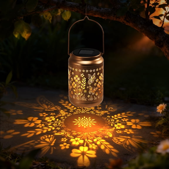 Solar Outdoor Lantern, Retro Gold-Copper Hollow Metal Lantern with Butterfly & Flower Patterns, Solar-Powered for Garden Porch Decoration