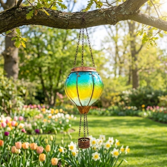 Solar Outdoor Lantern, Solar Hot Air Balloon, Patio Decorations Outdoor, Hanging Porch Decor, 18X6 Inch White-Green Flame Flickering 8-Panel Waterproof Hanging Solar Lantern for