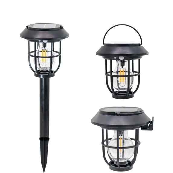 Solar Outdoor Lantern with Motion Sensor – Weatherproof LED Garden Light, 3 Modes, Wall/Hanging/Stake Mount, Black Edison Style