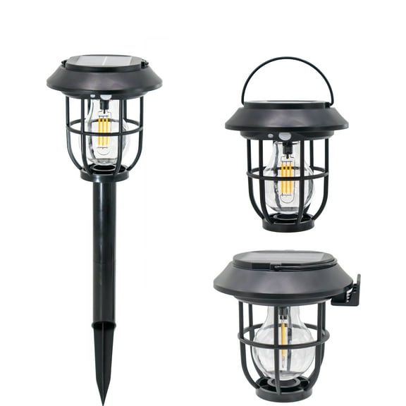 Solar Outdoor Lantern with Motion Sensor  Weatherproof LED Garden Light, 3 Modes, Wall/Hanging/Stake Mount, Black Edison Style