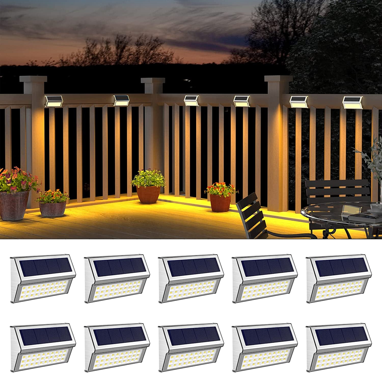 10-Pack Warm White LED Solar Deck Lights with Stainless Steel Finish