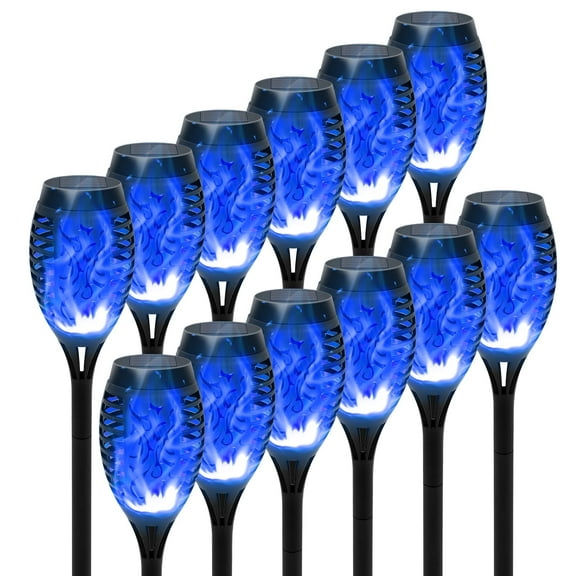 Solar Outdoor Lights, 12 Pack 12LED Solar Tiki Torches with Flickering Flame, IP65 Waterproof Mini Solar Torch Lights Auto On/Off for Garden, Patio, Yard, Pathway, Blue