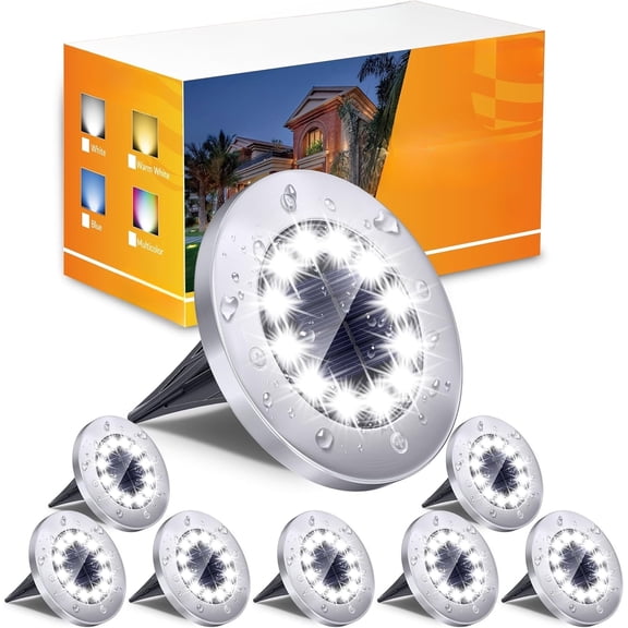 Solar Outdoor Lights 12-Pack, Bright 12 LED Solar Ground Lights Waterproof, Flat Landscape Lighting Solar Powered, Suitable for Patio, Walkway, Garden, Driveway (White)