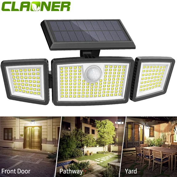 Solar Outdoor Lights, 225 LED Motion Sensor Outdoor Lights, 3 Heads Security Light IP65 Waterproof, 360° Wide Angle Flood Wall Light for Backyard Yard