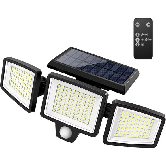 Solar Outdoor Lights 2500LM 210 LED Security Lights with Remote Control,3 Heads Motion Sensor Lights, IP65 Waterproof,270° Wide Angle Flood Wall Lights with 3 Modes(4 Pack)