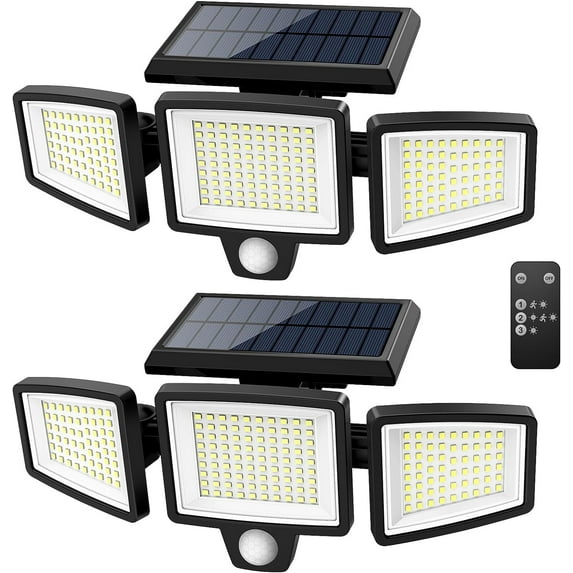 Solar Outdoor Lights 2500LM 210 LED Security Lights with Remote Control,3 Heads Motion Sensor Lights, IP65 Waterproof,270° Wide Angle Flood Wall Lights with 3 Modes(2 Packs)