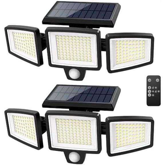 Solar Outdoor Lights 2500LM 210 LED Security Lights with Remote Control,3 Heads Motion Sensor Lights, IP65 Waterproof,270° Wide Angle Flood Wall Lights with 3 Modes(2 Packs)