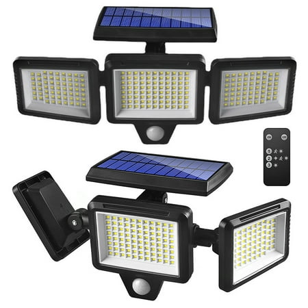 Solar Outdoor Lights 2500LM 210 LED Security Lights with Remote Control,3 Heads Motion Sensor Lights, IP65 Waterproof,270° Wide Angle Flood Wall Lights with 3 Modes(2 Packs)
