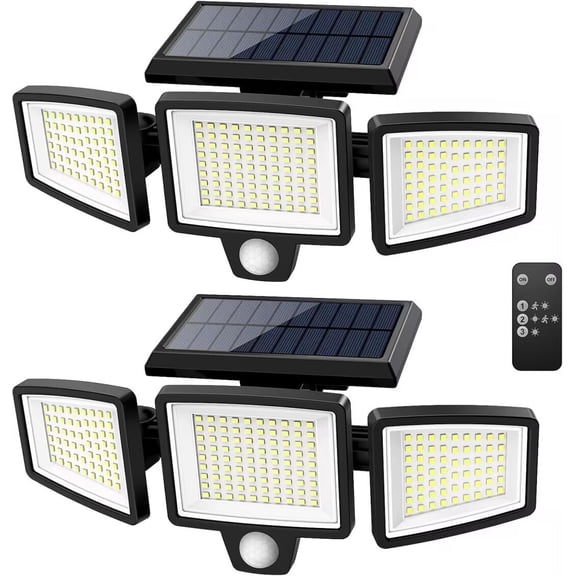 Solar Outdoor Lights 2500LM 210 LED Security Lights with Remote Control,3 Heads Motion Sensor Lights(2 Packs)