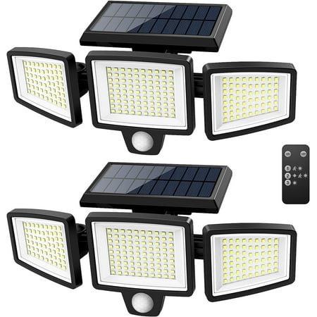 Solar Outdoor Lights 2500LM 210 LED Security Lights with Remote Control,3 Heads Motion Sensor Lights, IP65 Waterproof,270° Wide Angle Flood Wall Lights with 3 Modes(2 Packs)