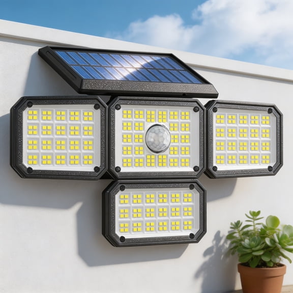 Solar Outdoor Lights with 4 Adjustable Heads, 198 LED Motion Sensor Wall Light, IP65 Waterproof, 3 Modes with Remote, 270 Wide Angle Illuminated Floodlight for Yard Garage Driveway