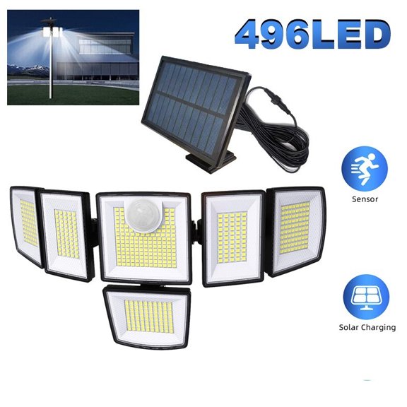 Solar Outdoor Lights with 6 Heads, 496 LED Motion Sensor with 16.4ft Cable, 3 Lighting Modes, LED Security Flood Lights with Remote Control for Yard, Porch