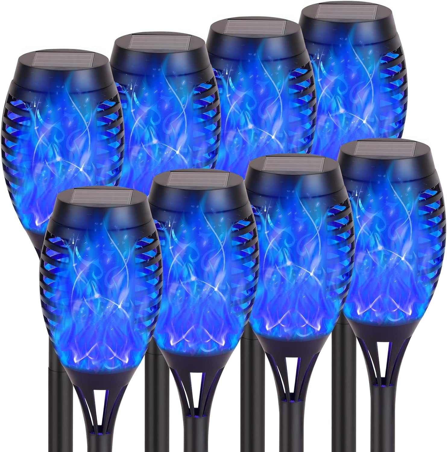 8 Pack Solar Tiki Torches, Blue Outdoor Lights, Waterproof Landscape