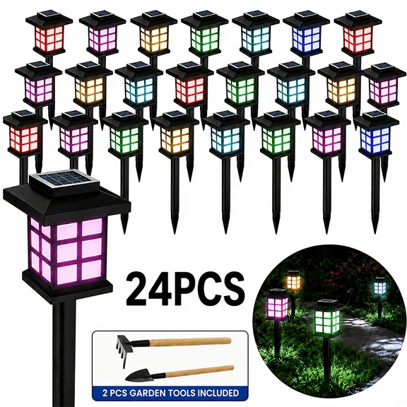Solar Outdoor Lights Colorful Light Source IP55 Waterproof for Garden Pathway 24 Pack