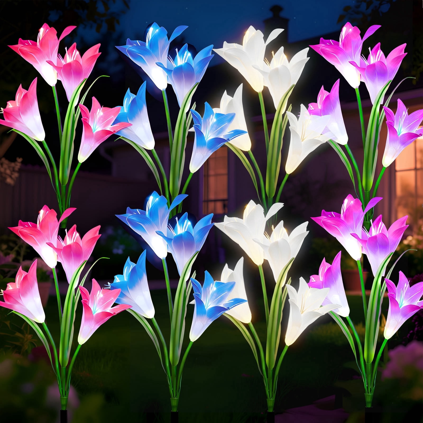 TOPZOO Solar Garden Lights Outdoor Decorative, Lily Flowers Stake Lights, Multi-Color Changing Outside Solar Lights Solar Powered for Garden Patio Landscape Yard Outdoor Decor, 8 Packs