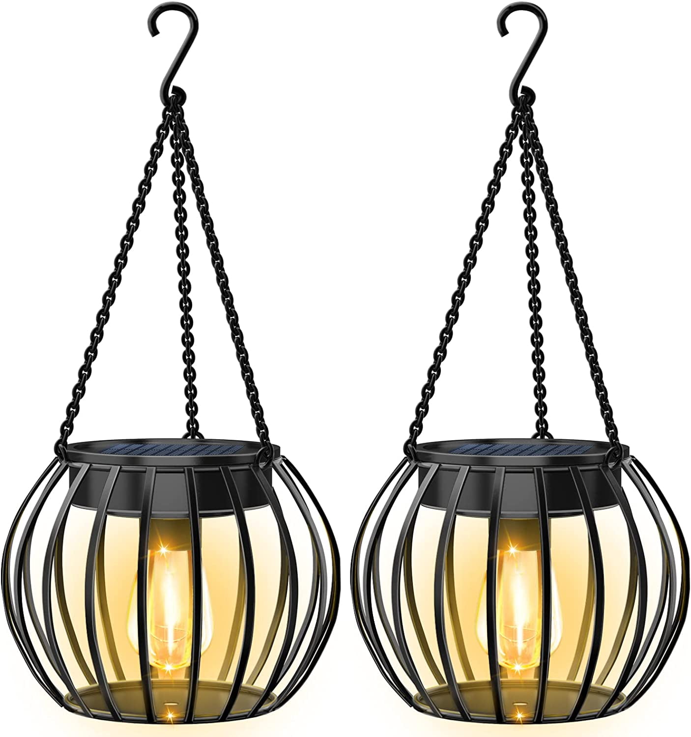 Black Metal LED Hanging Solar Lanterns, 2 Pack