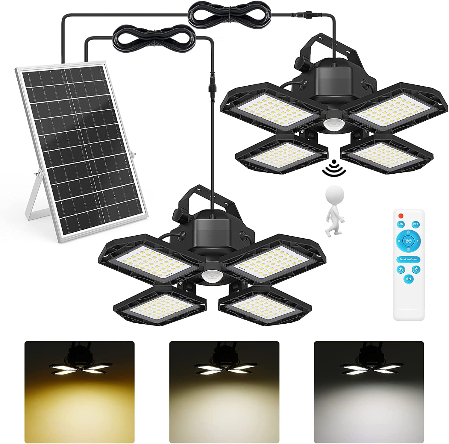 Solar Outdoor Lights Solar Lights Indoor Motion Sensor Pendant Light 3 Colors 4-Leaf 4 Modes with Remote, 2x16.4ft Wire Waterproof Security Lamp for Garage Shed Home Barn Shop Gazebo(2 Pack)